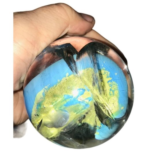 Art Glass Blue Green Yellow Swirled Paperweight - Picture 4 of 9